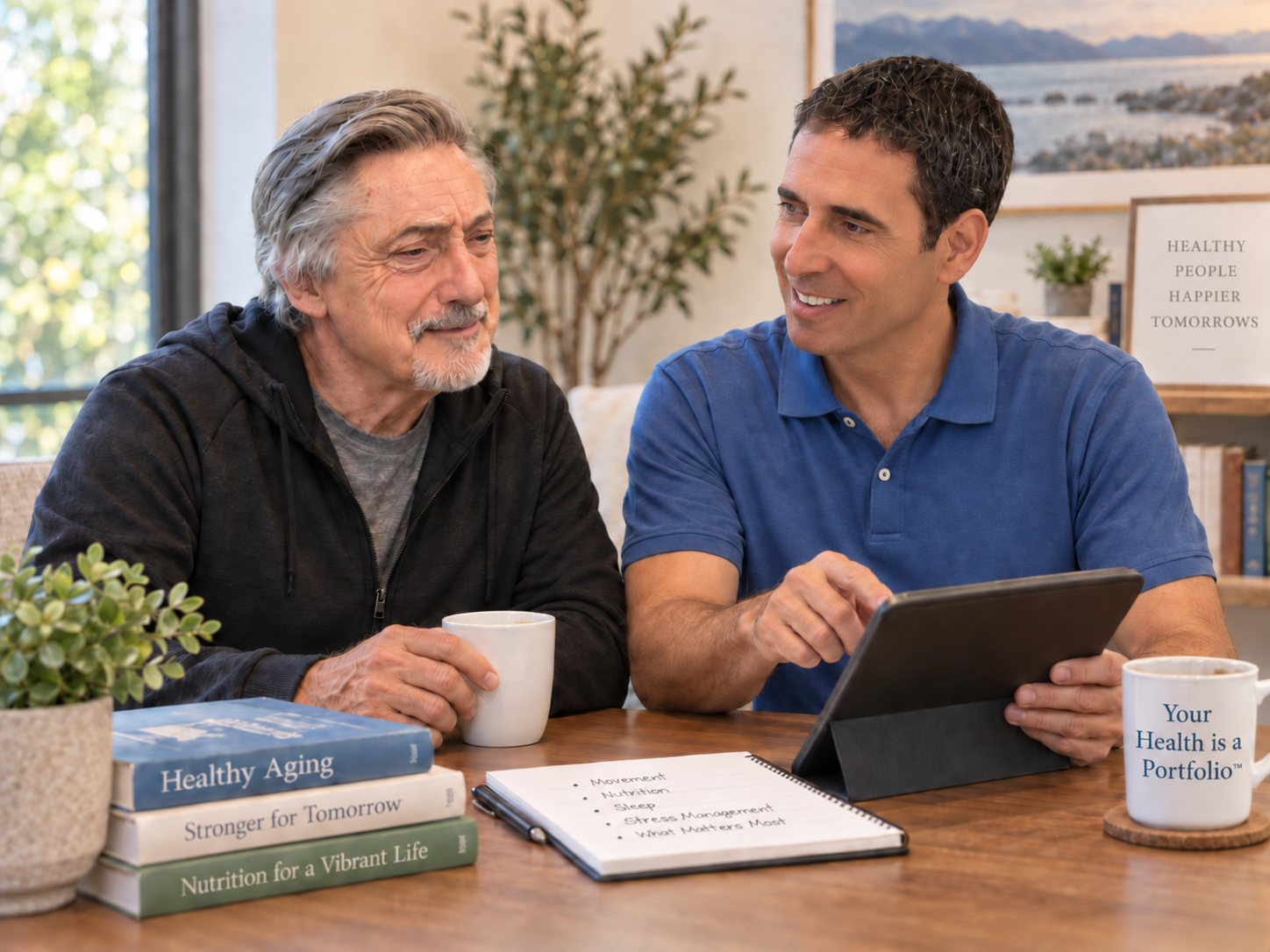 Ron Pollachek reviewing a healthspan plan on a tablet with a client at a kitchen table, a notebook between them listing movement, nutrition, sleep, stress management and what matters most